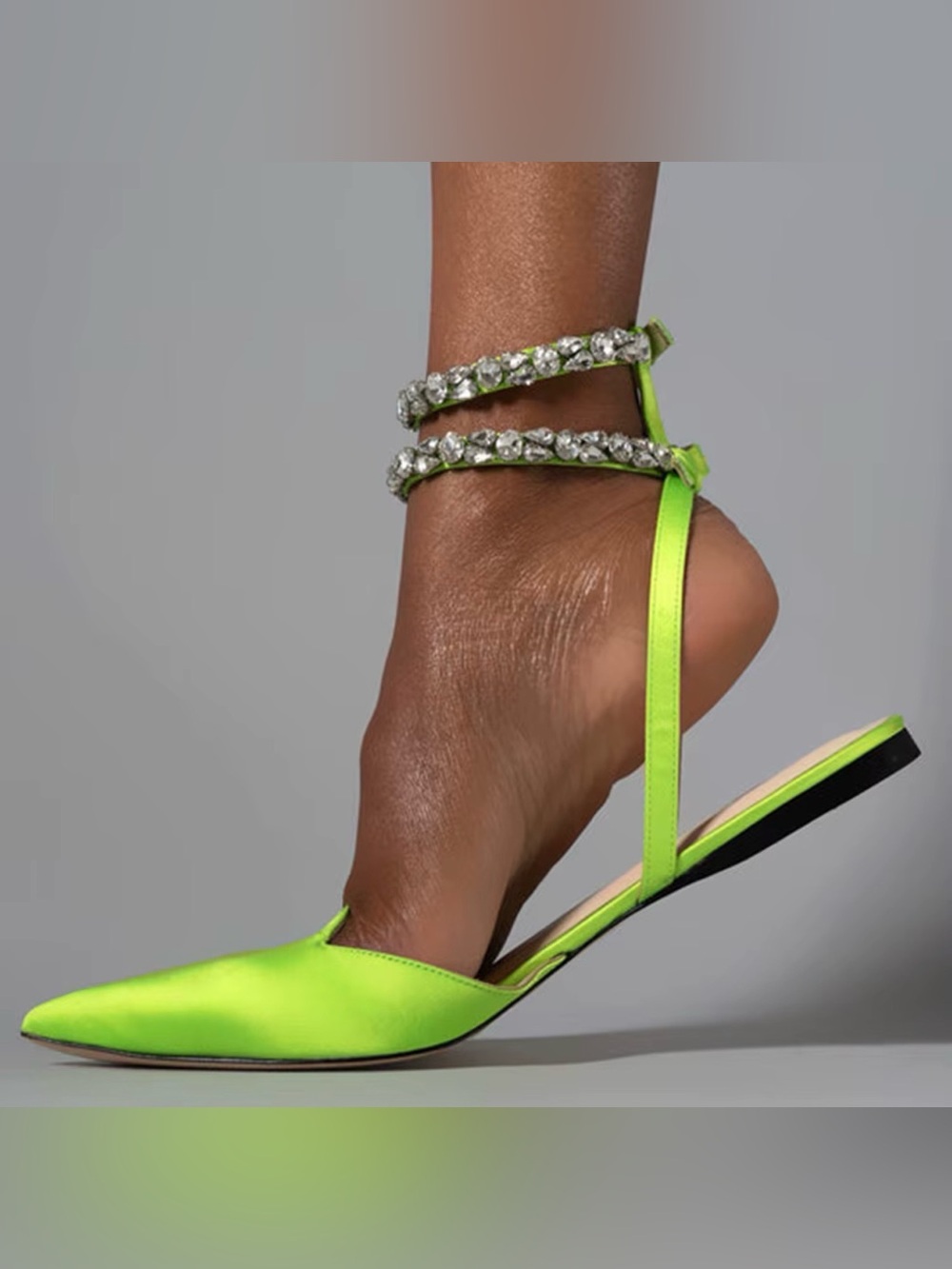 NWT Neon Lime Green Satin Rhinestone Crystal Ankle Strap ballet Flats Sz 7⁠